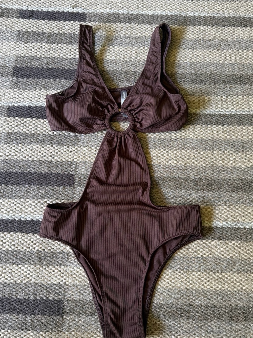 Chocolate Brown Ribbed One-Piece Swimsuit with Front Ring Cutout